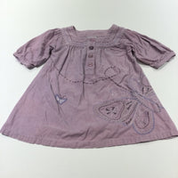 Embroidered Butterfly Lilac Lightweight Corduroy Dress with 3/4 Length Sleeves - Girls 18-24 Months