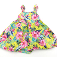 Colourful Flowers Yellow, Pink & Blue Cotton Sun Dress - Girls 3-4 Years
