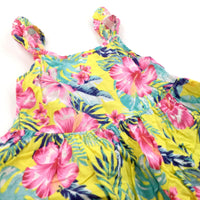 Colourful Flowers Yellow, Pink & Blue Cotton Sun Dress - Girls 3-4 Years