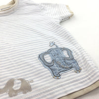 Elephants Appliqued Blue, Beige & White Striped T-Shirt - Boys 3-6 Months
