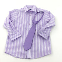Purple Striped Cotton Shirt & Tie Set - Boys 5 Years