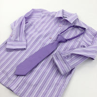 Purple Striped Cotton Shirt & Tie Set - Boys 5 Years
