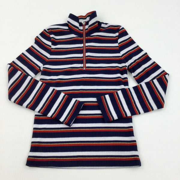 Red, Navy, White & Gold Striped Zip Up Top - Girls 6 Years