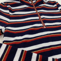 Red, Navy, White & Gold Striped Zip Up Top - Girls 6 Years