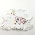 Flowers Appliqued White Long Sleeve Top with Frilly Hem - Girls 3-6 Months