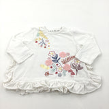 Flowers Appliqued White Long Sleeve Top with Frilly Hem - Girls 3-6 Months