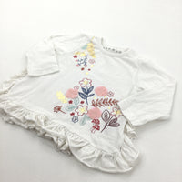 Flowers Appliqued White Long Sleeve Top with Frilly Hem - Girls 3-6 Months