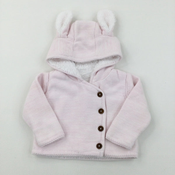 Bunny Pale Pink Fluffy Fleece Lined Knitted Coat - Girls 3-6 Months