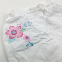 Flowers Embroidered White Lightweight Cotton Trousers - Girls 3-6 Months