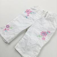 Flowers Embroidered White Lightweight Cotton Trousers - Girls 3-6 Months
