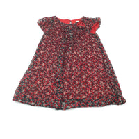 Flowers Red Viscose Dress with Chiffon Overlay - Girls 4-5 Years