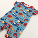 Colourful Vehicles Blue & Red Jersey Romper - Boys 6-9 Months