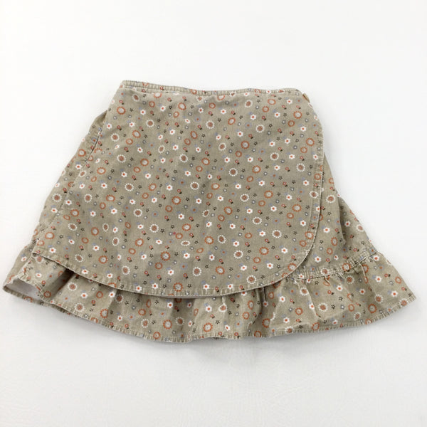 Flowers Light Brown Corduroy Wrap Around Skirt - Girls 4-5 Years