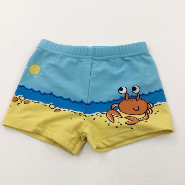 Crab & Shell Beach Scene Blue & White Swimming Trunks - Boys 6-9 Months
