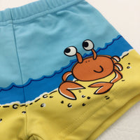 Crab & Shell Beach Scene Blue & White Swimming Trunks - Boys 6-9 Months