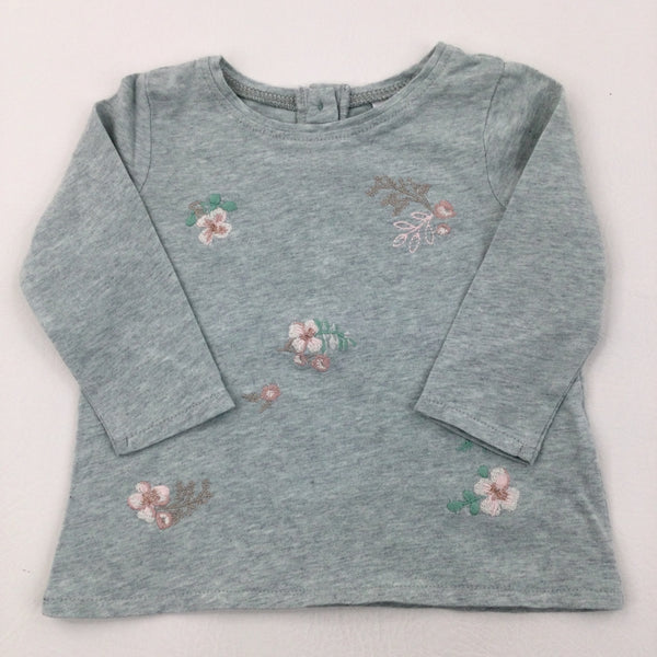 Flowers Embroidered Grey Long Sleeve Top - Girls 3-6 Months
