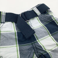Navy, Green & White Checked Cotton Shorts with Belt - Boys 6-9 Months