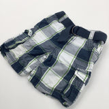 Navy, Green & White Checked Cotton Shorts with Belt - Boys 6-9 Months
