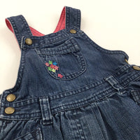 Flowers Embroidered Dark Blue Denim Lined Short Dungarees - Girls 6-9 Months