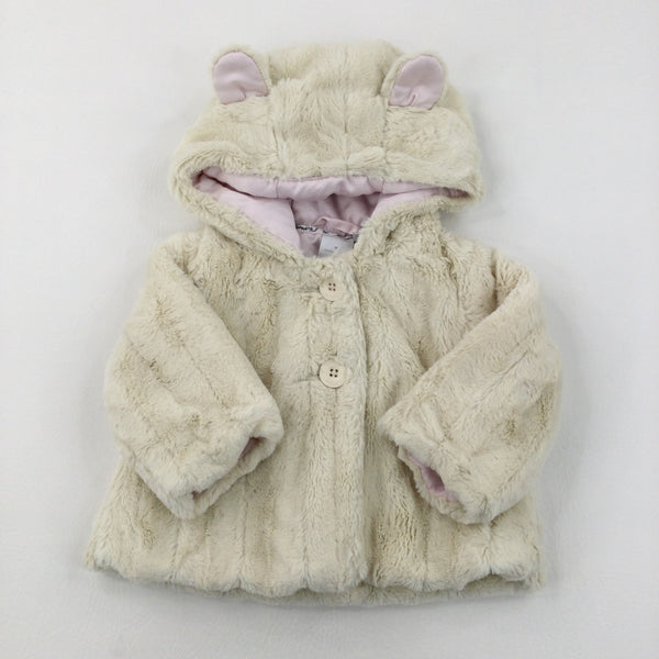 Cream Fluffy Soft Coat With Hood - Girls 3-6 Months