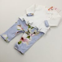 **NEW** Flowers & Butterfly Blue & Cream Smart Romper Outfit - Girls 3-6 Months