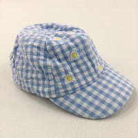 Daises Embroidered Blue & White Checked Cotton Cap - Girls 6-18 Months