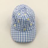 Daises Embroidered Blue & White Checked Cotton Cap - Girls 6-18 Months