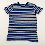 Navy, Blue & Grey Striped T-Shirt - Boys 8-9 Years