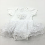 Flowery White Dress/Bodysuit with Attached Flower & Net Skirt - Girls 6-9 Months