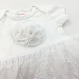 Flowery White Dress/Bodysuit with Attached Flower & Net Skirt - Girls 6-9 Months