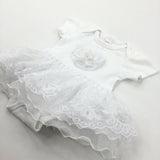 Flowery White Dress/Bodysuit with Attached Flower & Net Skirt - Girls 6-9 Months