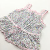 Pastel Flowers Pink & White Jersey Vest Top with Lacey Detail - Girls 5-6 Years