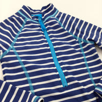 Blue & White Striped Half Zip Long Sleeve Swimming Costume - Girls 6 Years