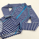 Blue & White Striped Half Zip Long Sleeve Swimming Costume - Girls 6 Years