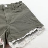 Olive Green Cotton Twill Shorts with Adjustable Waistband with Lacey Hems - Girls 6-7 Years