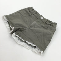 Olive Green Cotton Twill Shorts with Adjustable Waistband with Lacey Hems - Girls 6-7 Years
