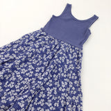 Flowers Blue & White Jersey & Cotton Sun Dress - Girls 6-7 Years