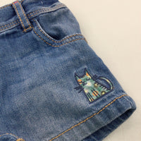 Cats Appliqued & Embroidered Mid Blue Denim Shorts with Adjustable Waistband - Girls 9-12 Months