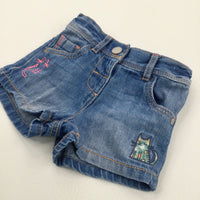 Cats Appliqued & Embroidered Mid Blue Denim Shorts with Adjustable Waistband - Girls 9-12 Months