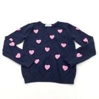 Hearts Appliqued Pink & Navy Lightweight Knitted Jumper - Girls 6-8 Years