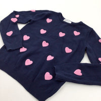 Hearts Appliqued Pink & Navy Lightweight Knitted Jumper - Girls 6-8 Years