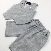 Smart Grey & White Checked Cotton Waistcoat & Shorts Set - Boys 6-7 Years