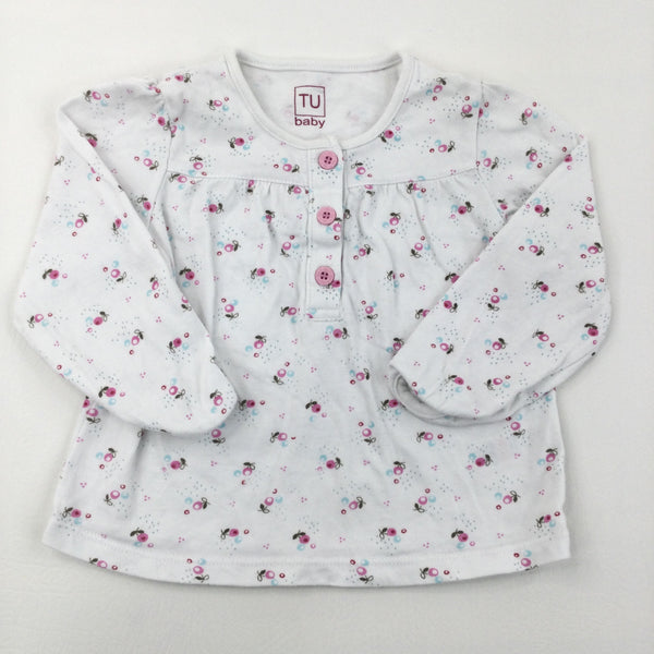 White Pink & Blue Long Sleeve Top - Girls 9-12 Months