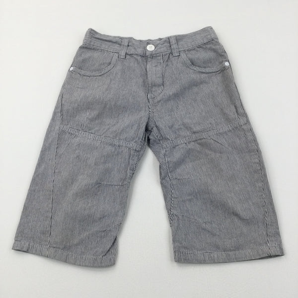 Grey & White Striped Cotton Long Shorts with Adjustable Waistband - Boys 7-8 Years