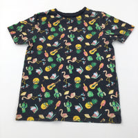Pineapples, Cacti & Guitars Colourful Black T-Shirt - Boys 7-8 Years