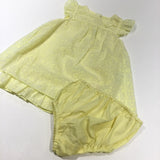 Flowers Yellow Cotton Sun Dress with Sheer Overlay & Matching Nappy Pants Set - Girls 9-12 Months
