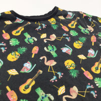 Pineapples, Cacti & Guitars Colourful Black T-Shirt - Boys 7-8 Years