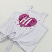 'Hi' Sequin Flip Heart Pink & White Tie Front Vest Top - Girls 7-8 Years