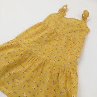Flowers Mustard Yellow Cotton Sun Dress - Girls 7-8 Years