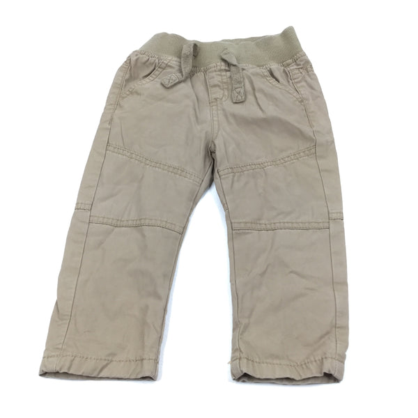 Beige Lined Cotton Twill Pull On Trousers - Boys 9-12m